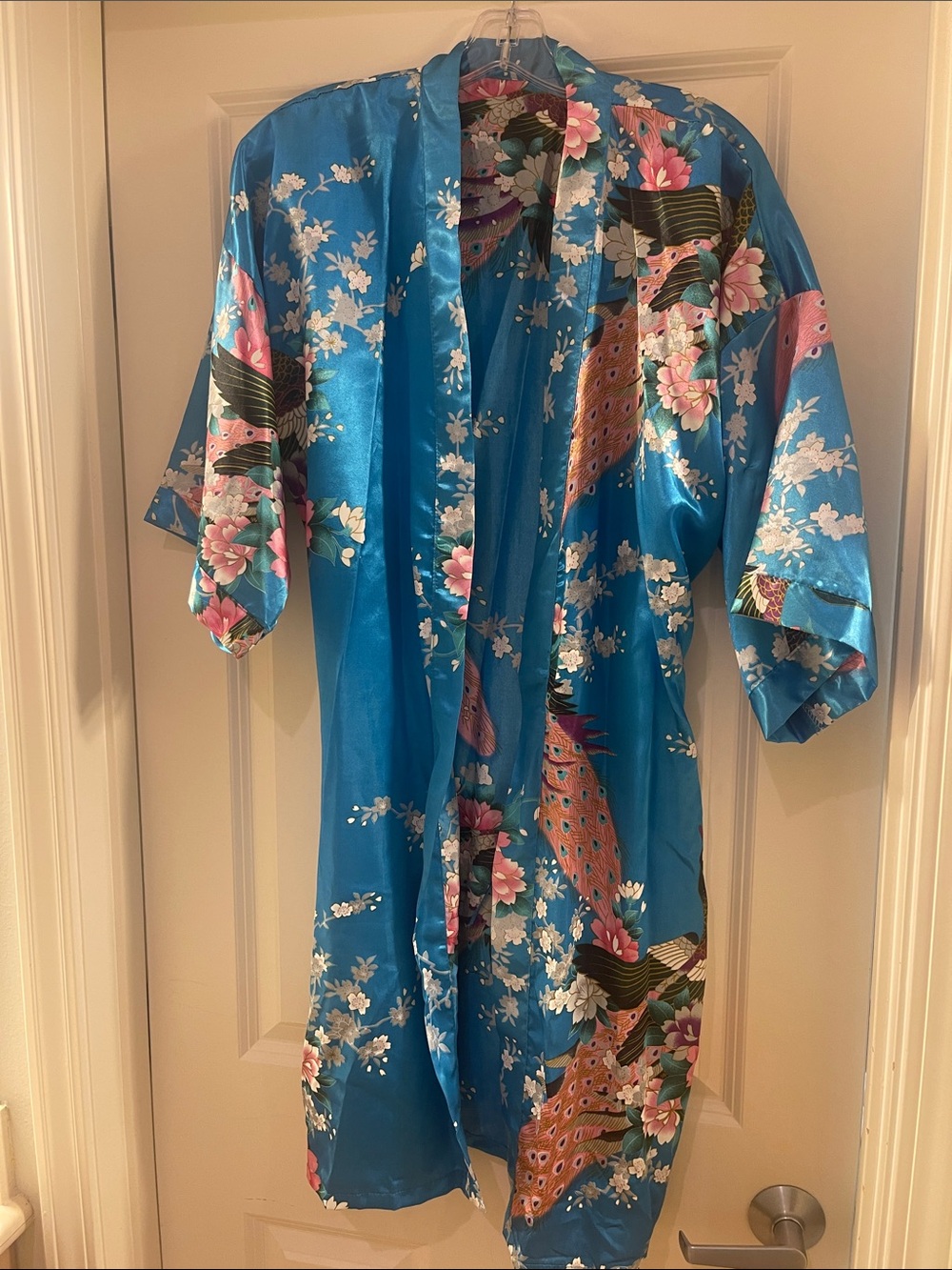 Blue Floral Satin Kids Pajama Robe with Peacock Print